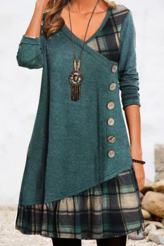 Casual Plaid Patchwork Buttons V Neck A Line Dresses Green