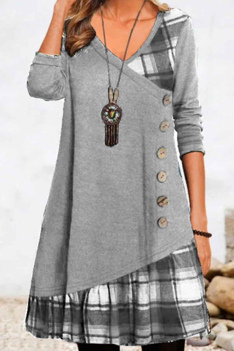 Casual Plaid Patchwork Buttons V Neck A Line Dresses Grey