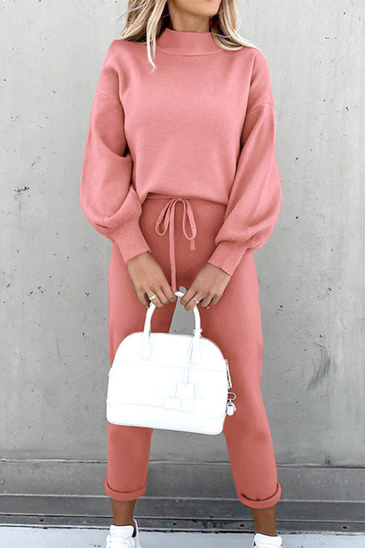 Casual Solid Color Turtleneck Long Sleeve Two Pieces(8 Colors) Pink