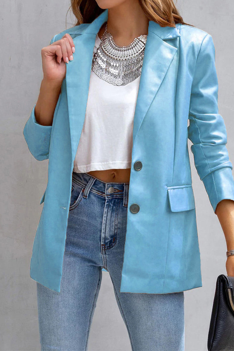 Casual Street Solid Patchwork Buckle Turn-back Collar Outerwear Sky Blue