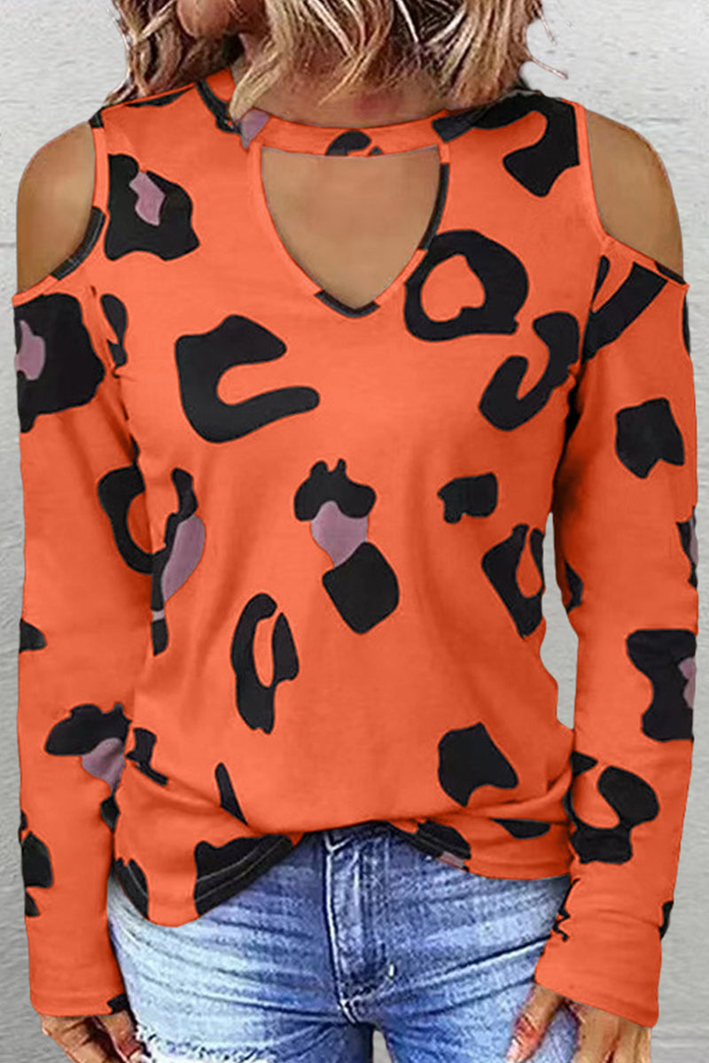 Casual Street Leopard Printing O Neck Tops(6 Colors) Orange