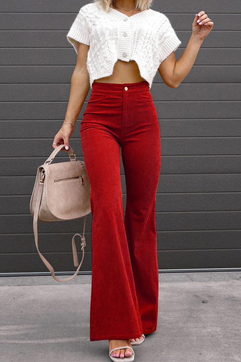 Sexy Casual Street Solid Pocket Boot Cut Mid Waist Wide Leg Patchwork Bottoms Red