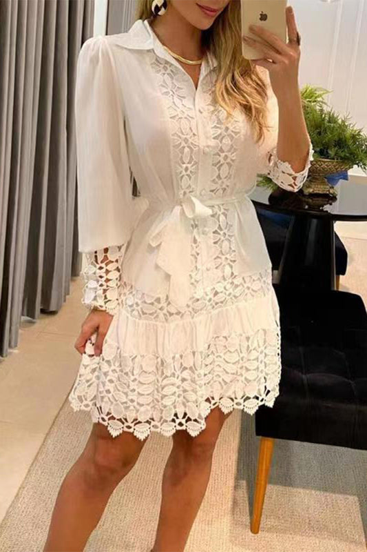 Elegant Solid Contrast Shirt Collar Dresses(5 Colors) White