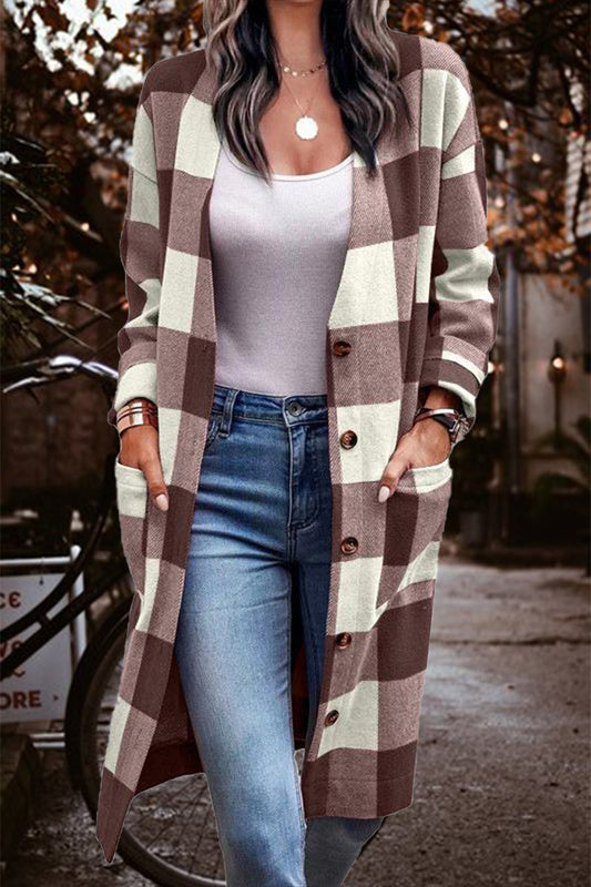 Casual Street Elegant Plaid Striped Pocket Cardigan Collar Outerwear(4 Colors) Light Brown