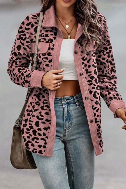 Casual Sweet Leopard Pocket Turndown Collar Tops Pink