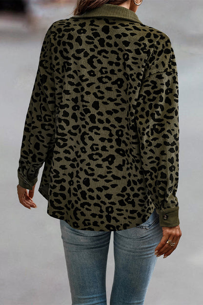 Casual Sweet Leopard Pocket Turndown Collar Tops