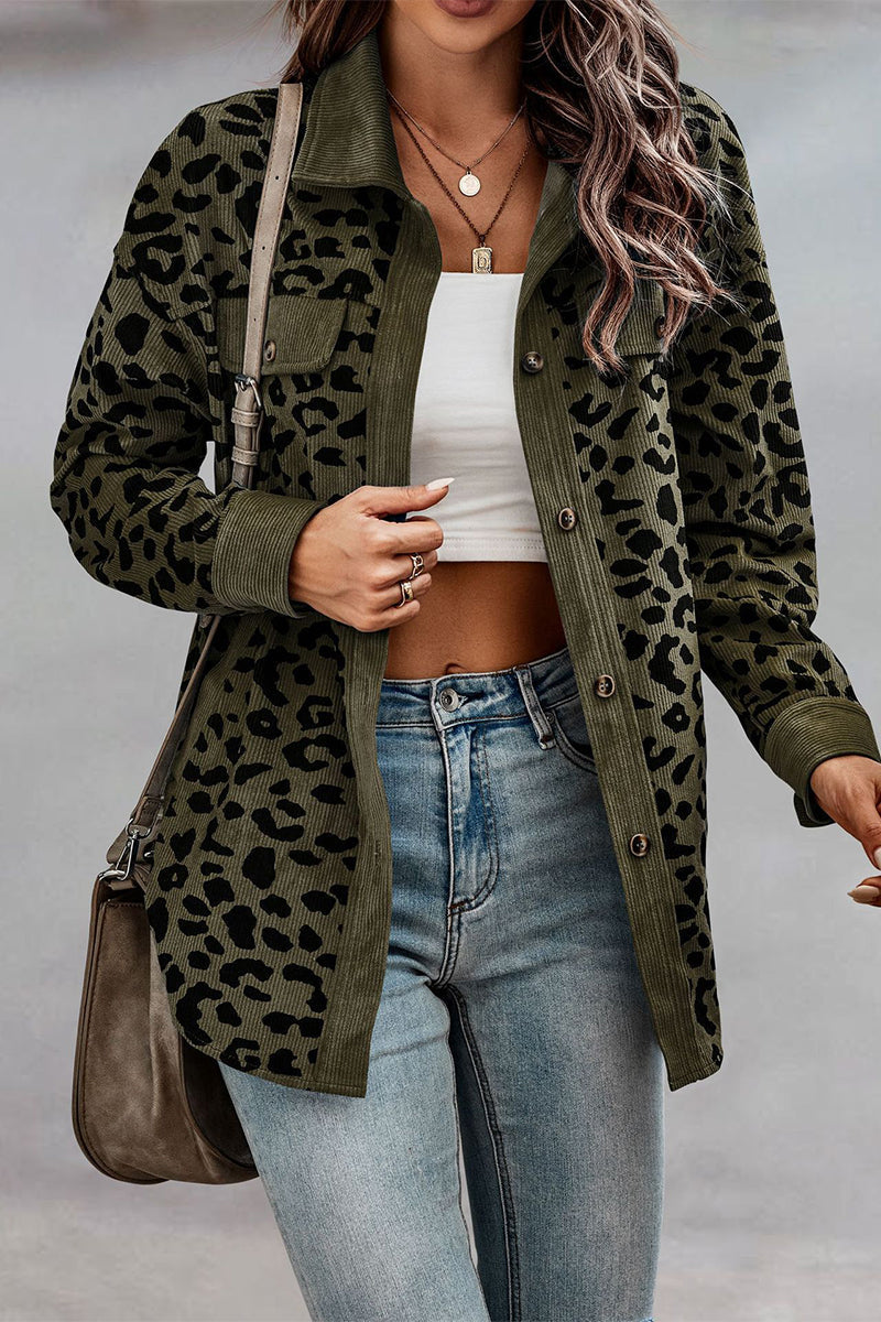 Casual Sweet Leopard Pocket Turndown Collar Tops Army Green