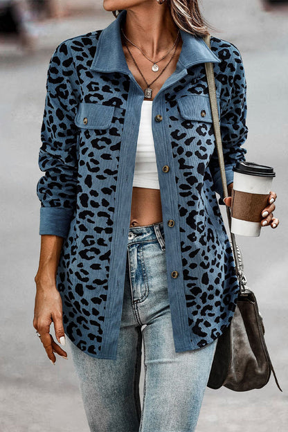 Casual Sweet Leopard Pocket Turndown Collar Tops Blue