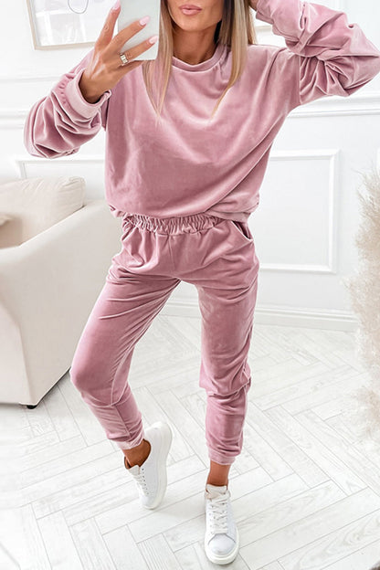 Casual Solid Color O Neck Long Sleeve Two Pieces(3 Colors) Pink