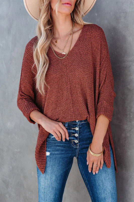 Casual Solid Color V Neck Sweaters Light Brown One Size