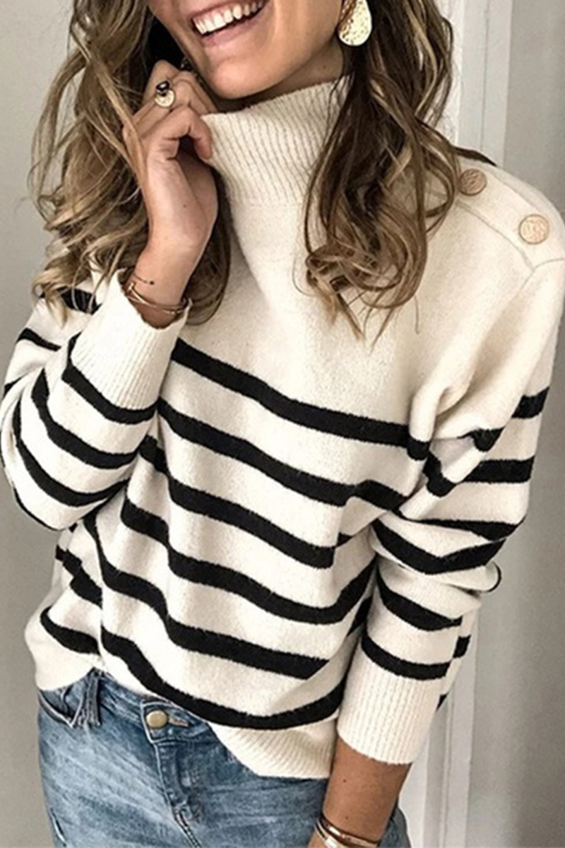 Casual Striped Patchwork Turtleneck Sweaters(4 Colors) Cream White