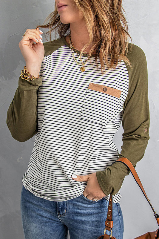 Casual Patchwork O Neck Tops Army Green