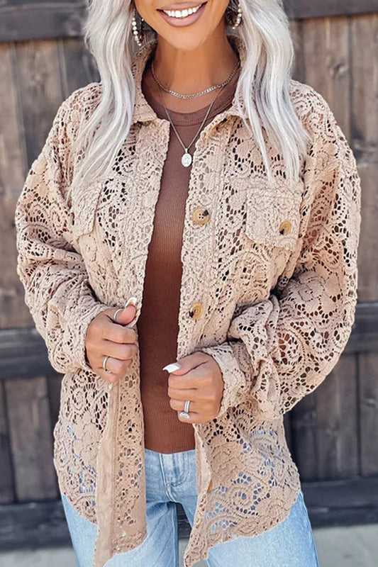 Sweet Street Solid Lace Turndown Collar Blouses Apricot