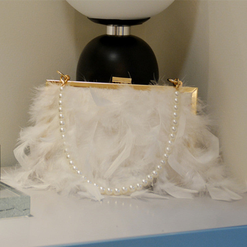 Daily Party Patchwork Feathers Chains Pearl Bags White One Size