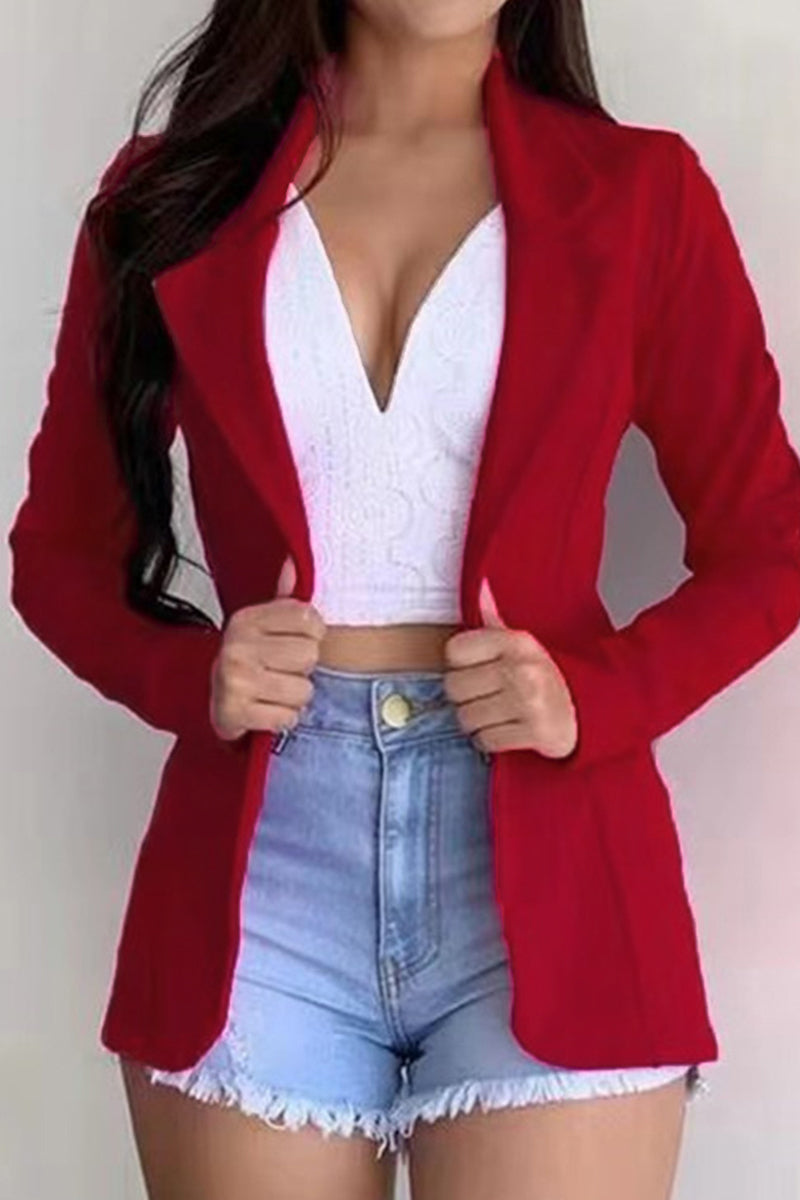 Fashion Casual Solid Cardigan Turndown Collar Outerwear Red