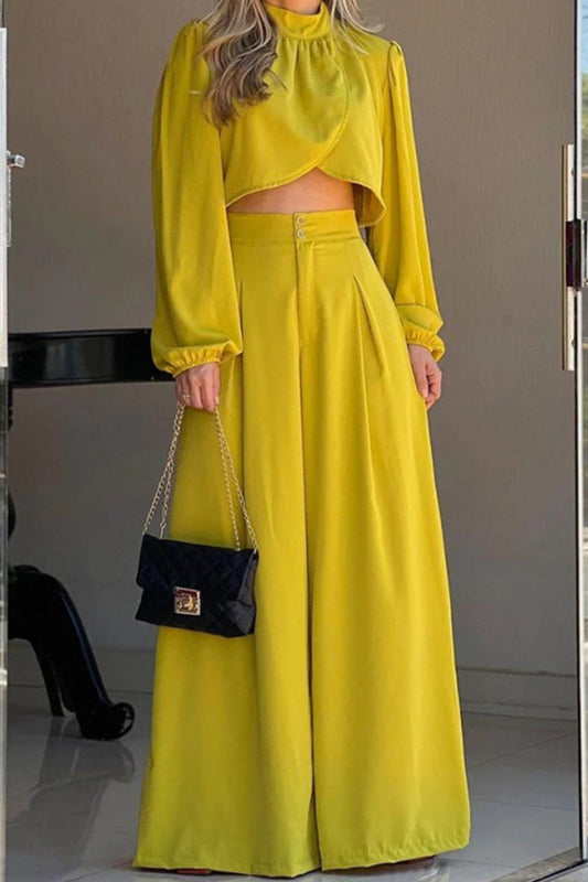 Elegant Solid Asymmetrical Half A Turtleneck Long Sleeve Two Pieces Yellow