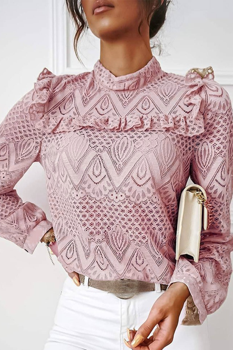 Casual Solid Lace Half A Turtleneck Tops(3 Colors) Pink