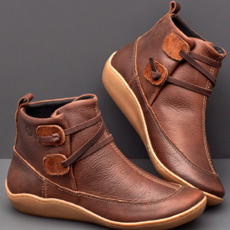 Casual Patchwork Round Leather Shoes Brown