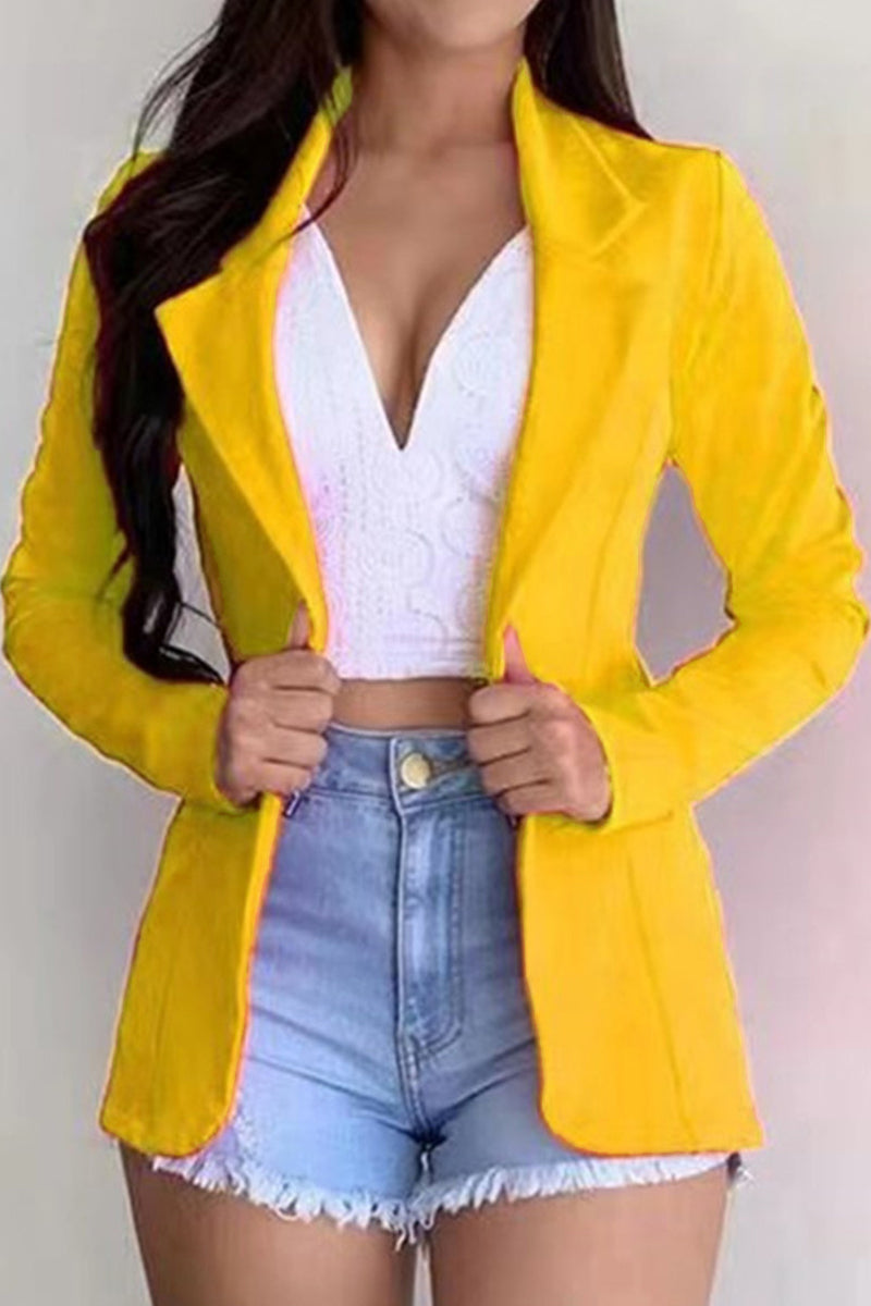 Fashion Casual Solid Cardigan Turndown Collar Outerwear Yellow