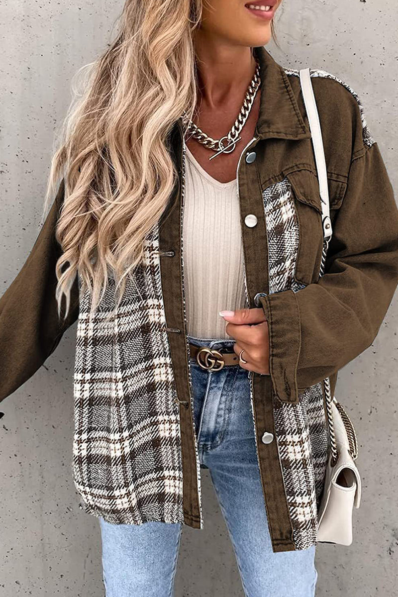 Street Plaid Striped Patchwork Pocket Turndown Collar Outerwear(6 Colors) Brown