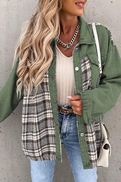 Street Plaid Striped Patchwork Pocket Turndown Collar Outerwear(6 Colors) Green