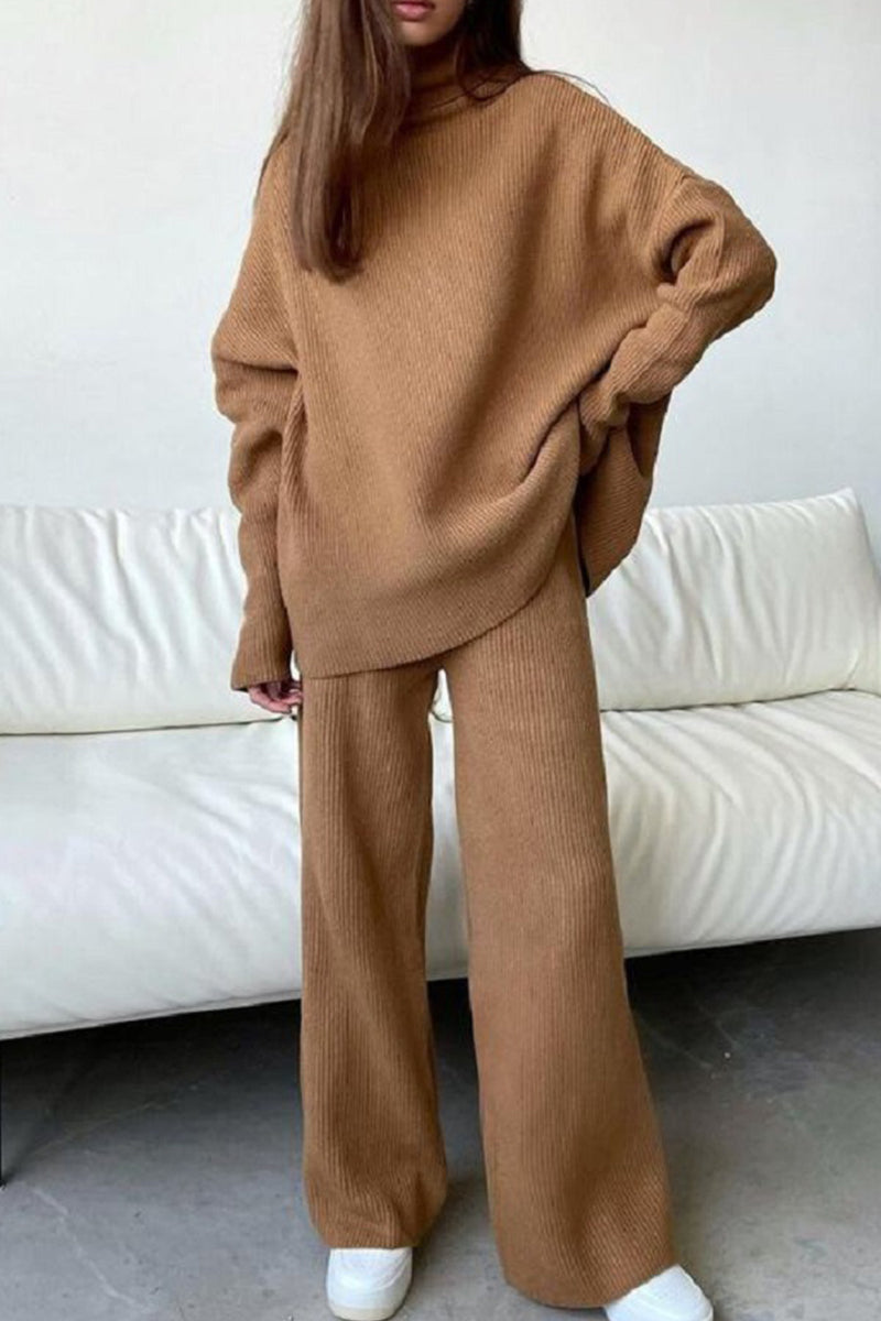 Casual Solid Patchwork Turtleneck Long Sleeve Two Pieces Dark Brown