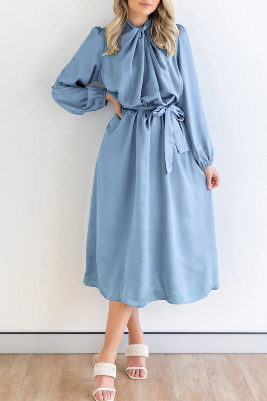 Sweet Elegant Solid Bandage Mandarin Collar A Line Dresses(4 Colors) Light Blue