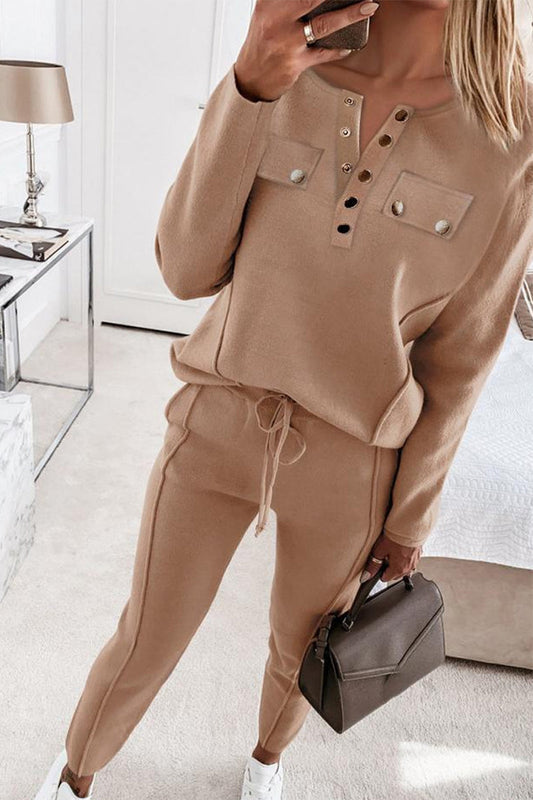 Casual Buckle Solid Color V Neck Long Sleeve Two Pieces(3 Colors) Coffee