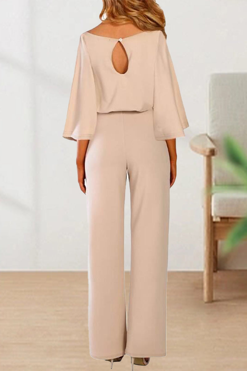 Casual With Belt Solid Color O Neck Straight Jumpsuits(3 Colors)