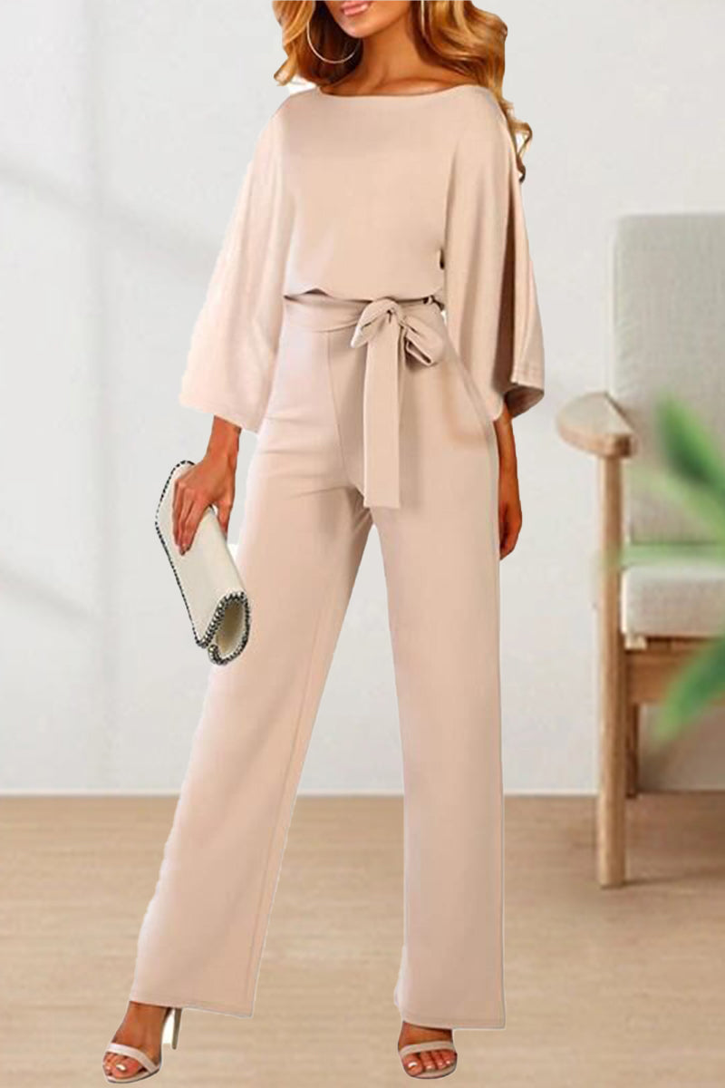 Casual With Belt Solid Color O Neck Straight Jumpsuits(3 Colors) Apricot