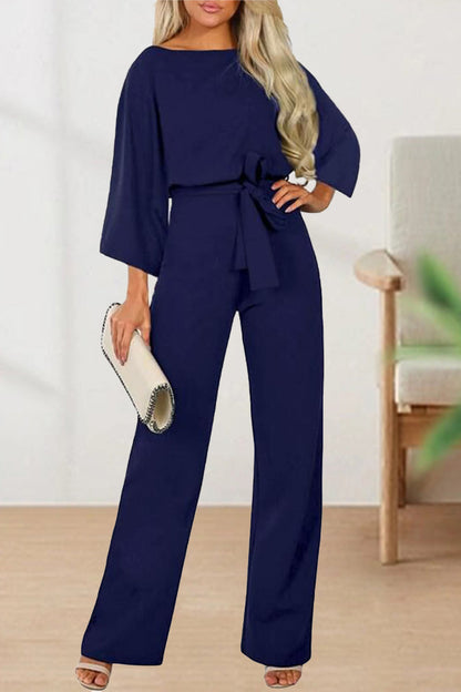 Casual With Belt Solid Color O Neck Straight Jumpsuits(3 Colors) Navy Blue