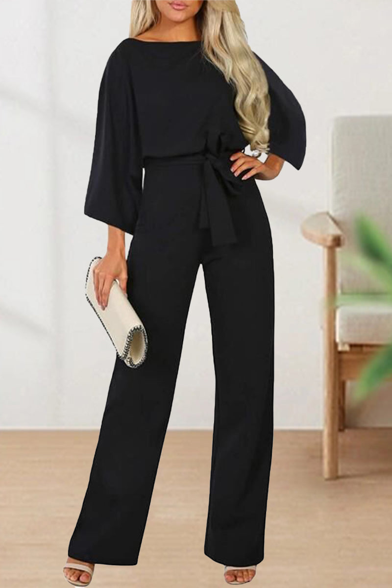 Casual With Belt Solid Color O Neck Straight Jumpsuits(3 Colors) Black