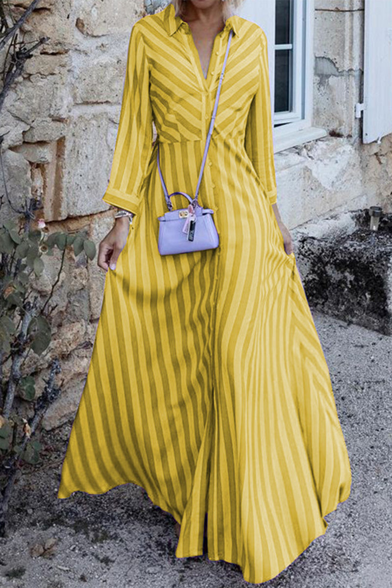 Sweet Elegant Striped Patchwork Turndown Collar A Line Dresses(3 Colors) Yellow