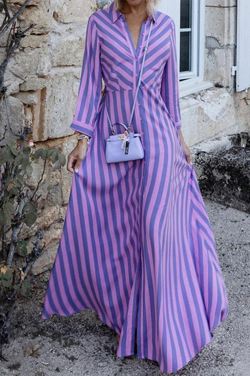 Sweet Elegant Striped Patchwork Turndown Collar A Line Dresses(3 Colors) Blue