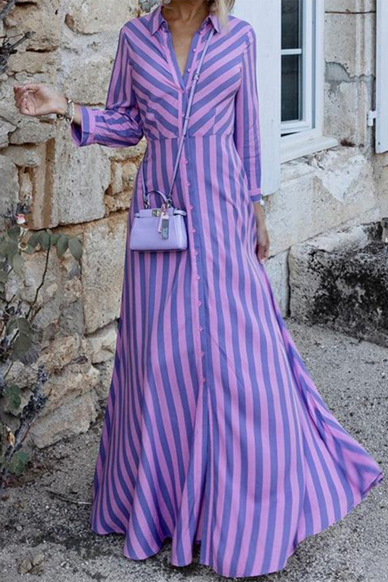 Sweet Elegant Striped Patchwork Turndown Collar A Line Dresses(3 Colors)