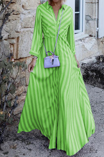 Sweet Elegant Striped Patchwork Turndown Collar A Line Dresses(3 Colors) Green