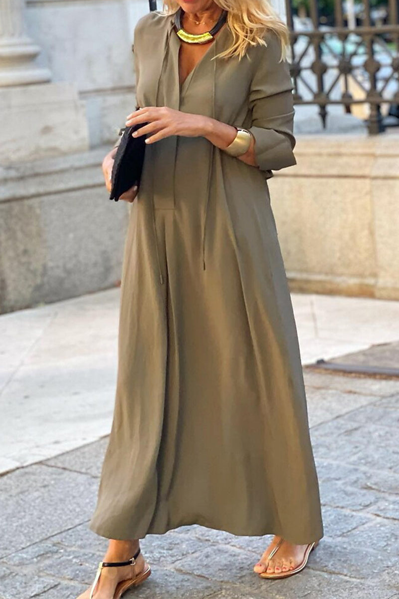 Casual Solid Pocket V Neck Shirt Dress Dresses Brownness