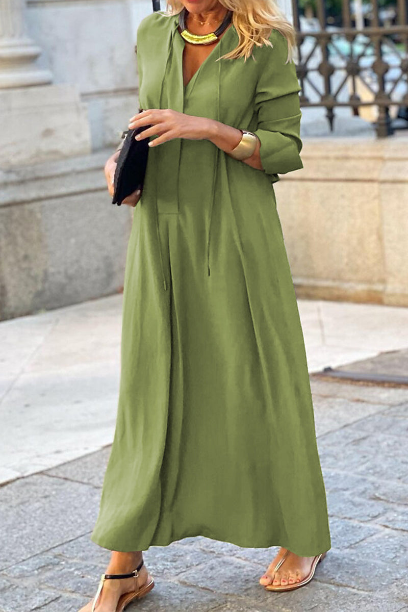 Casual Solid Pocket V Neck Shirt Dress Dresses Green