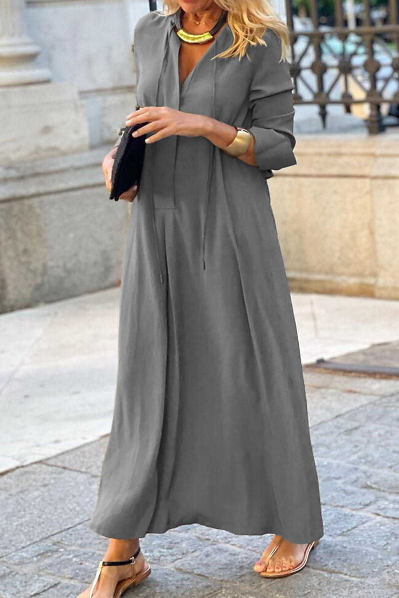 Casual Solid Pocket V Neck Shirt Dress Dresses Grey