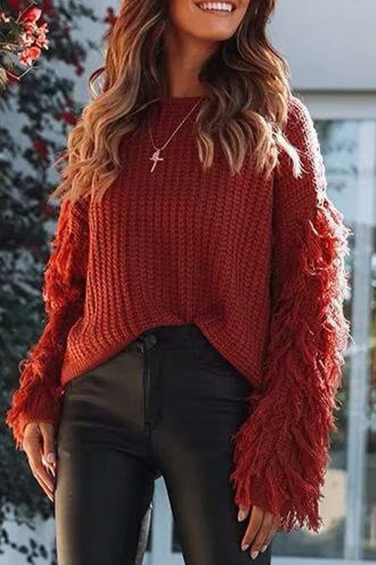 Casual Solid Tassel O Neck Sweaters(4 Colors) Burgundy