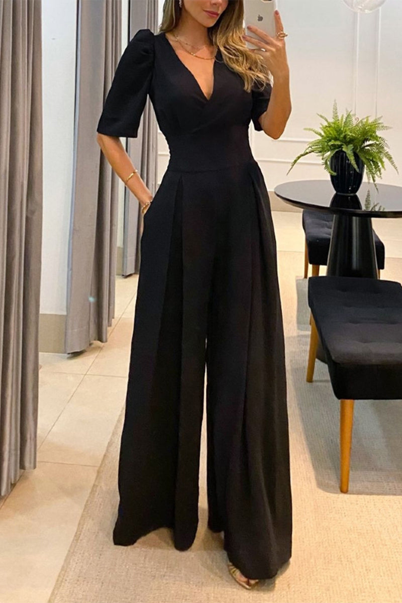 Casual Solid Color V Neck Jumpsuits(3 Colors) Black