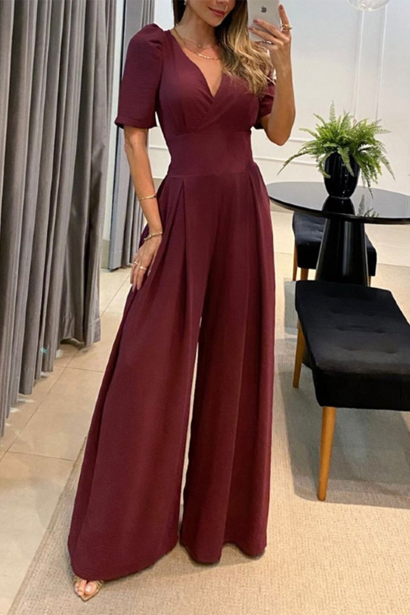 Casual Solid Color V Neck Jumpsuits(3 Colors) Red-brown