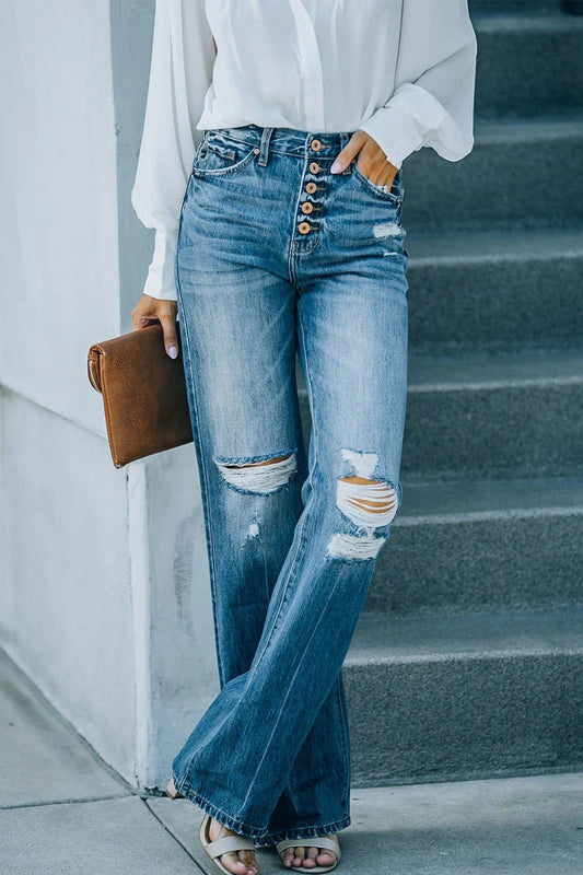 Casual Street Solid Ripped Buckle High Waist Straight Denim Jeans Blue