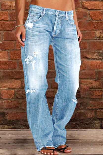 Casual Street Patchwork Ripped Straight Denim Jeans(3 Colors) Light Blue