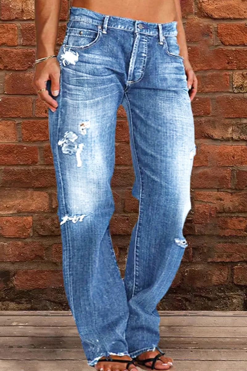 Casual Street Patchwork Ripped Straight Denim Jeans(3 Colors) Blue