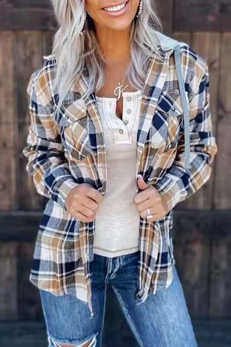 Street Plaid Patchwork Hooded Collar Blouses Khaki