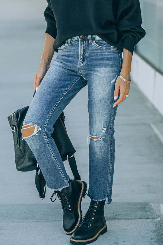 Street Solid Ripped Straight Denim Jeans Blue