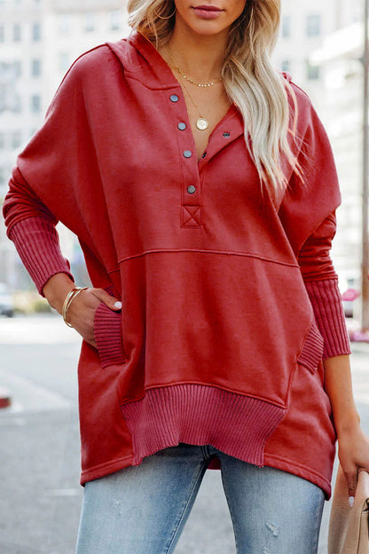 Casual Solid Pocket Buckle Hooded Collar Tops Burgundy