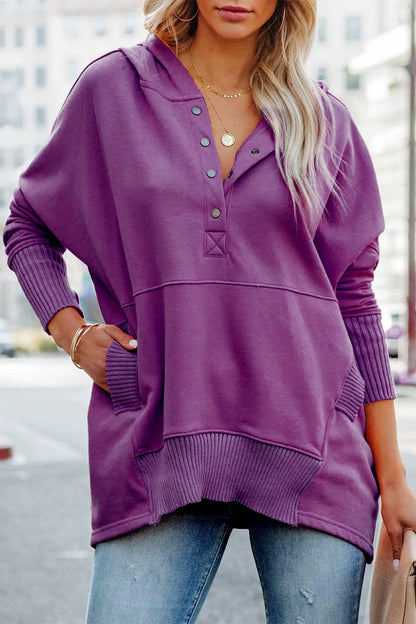 Casual Solid Pocket Buckle Hooded Collar Tops Purple