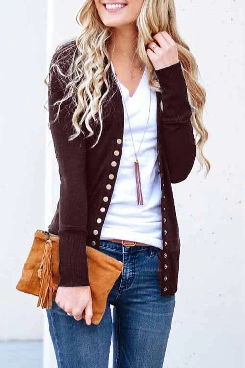 Casual Solid Buttons Solid Color Cardigan Collar Cardigans(11 Colors) Dark Brown